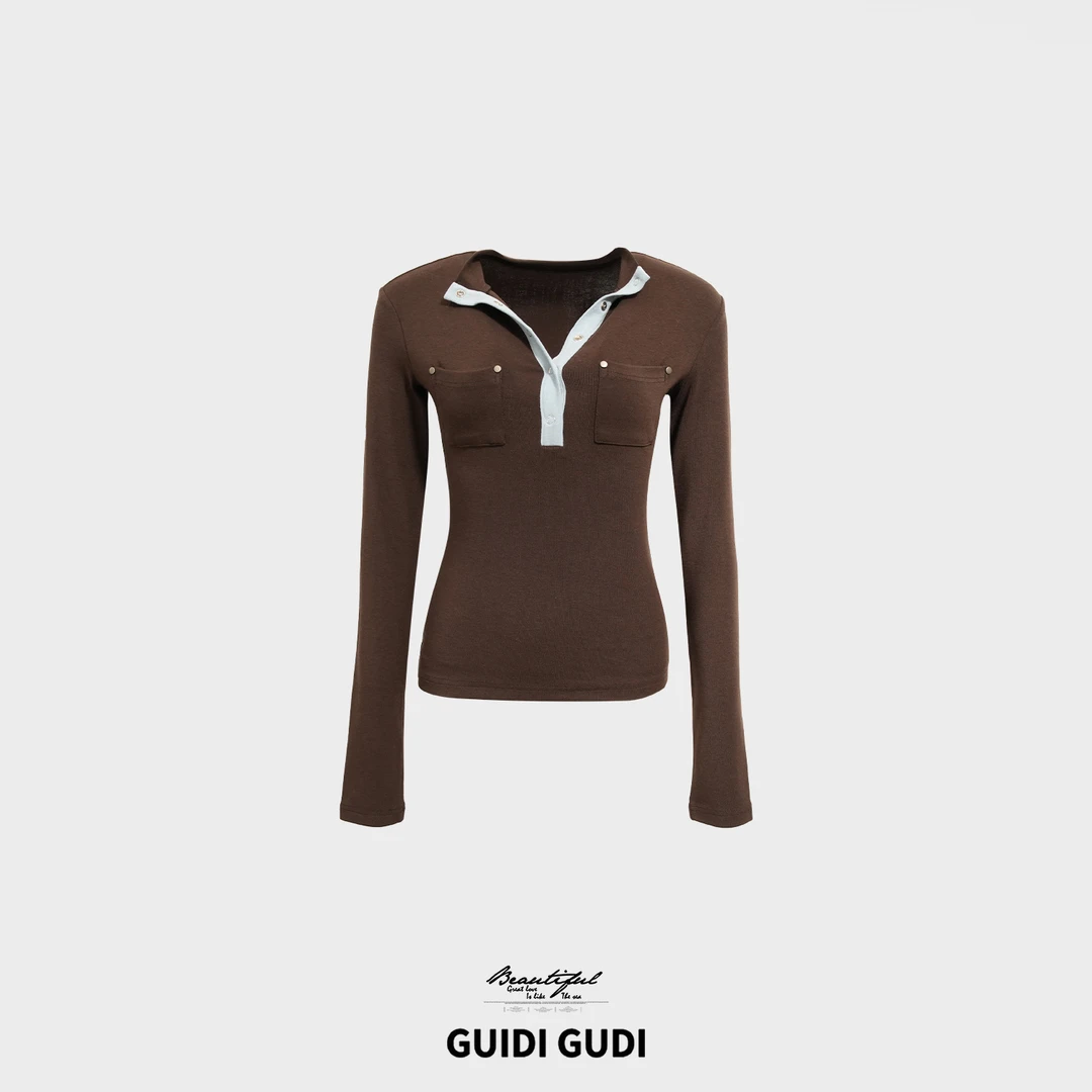 GUIDI GUDI【精灵口袋】休闲百搭修身显腰V领长袖/黄加蓝