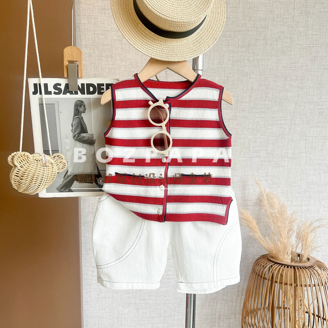 啵小爸【葡萄蜜酒】2025夏季男童韩系条纹设计单排扣背心套装