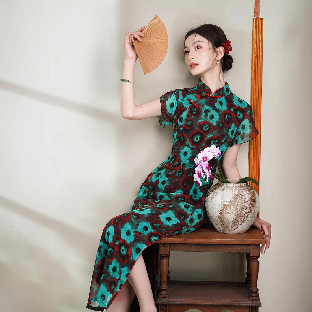 夏露2025年夏新款改良旗袍优雅日常国风油画新中式绿色高腰显瘦女