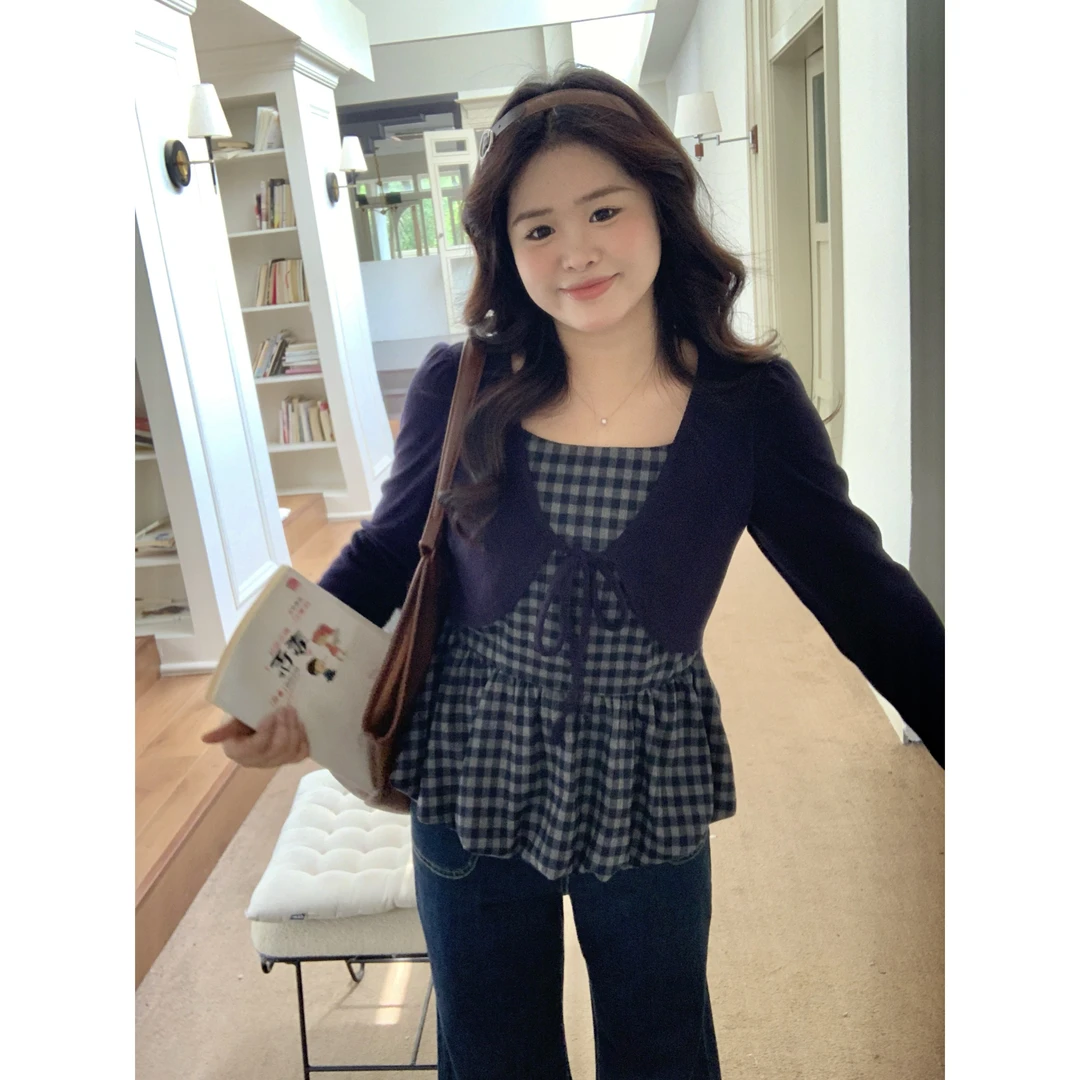 【格菱物语】大头婷微胖定制韩系格子背心拼接外套假两件上衣 ZX168