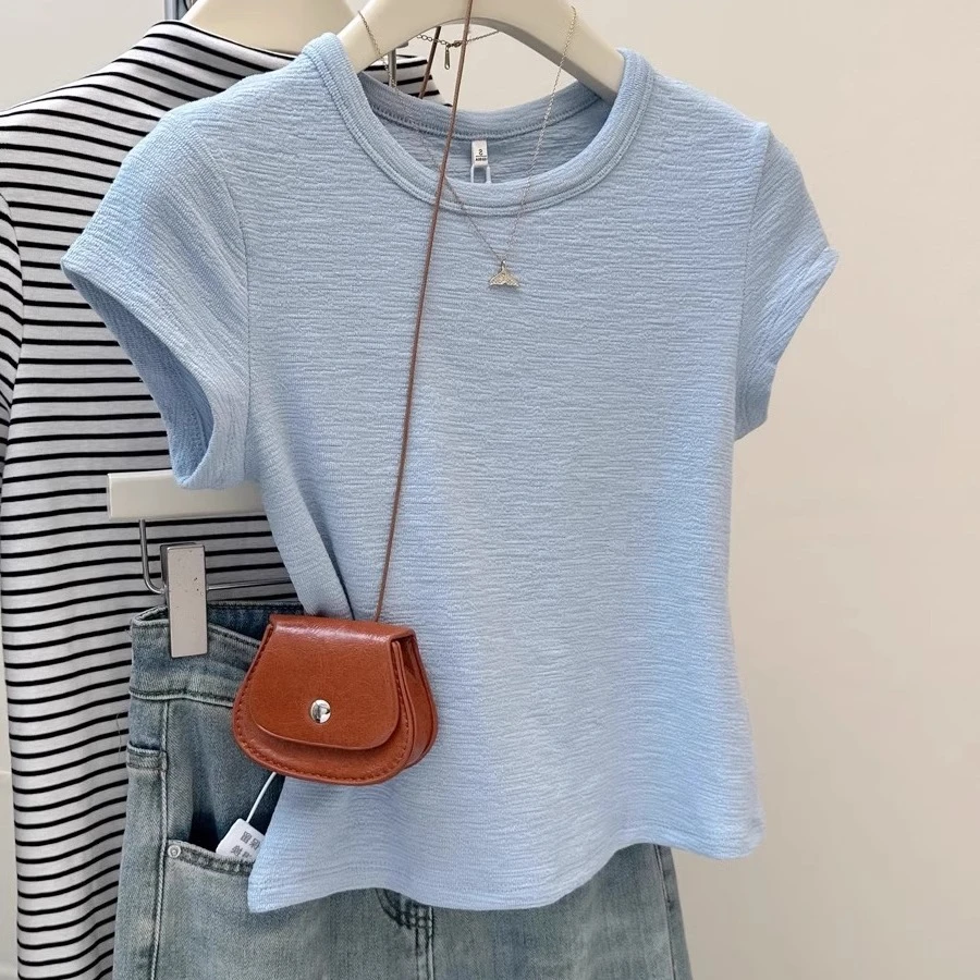 欧货肌理感正肩短袖女春夏季小个子韩版减龄打底上衣圆领短款T恤
