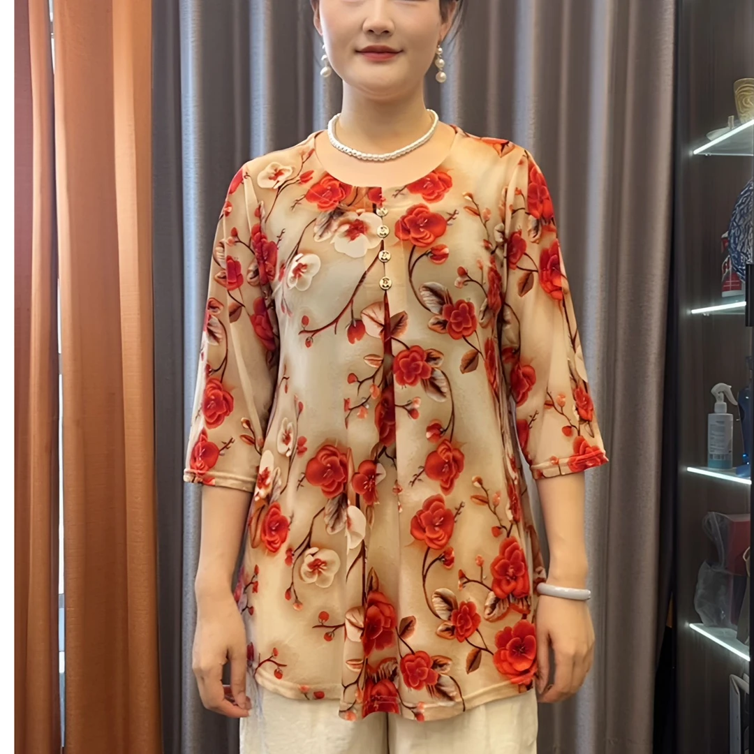 时尚气质减龄宽松大码妈妈装显瘦七分袖百搭显瘦中老年女T恤小衫