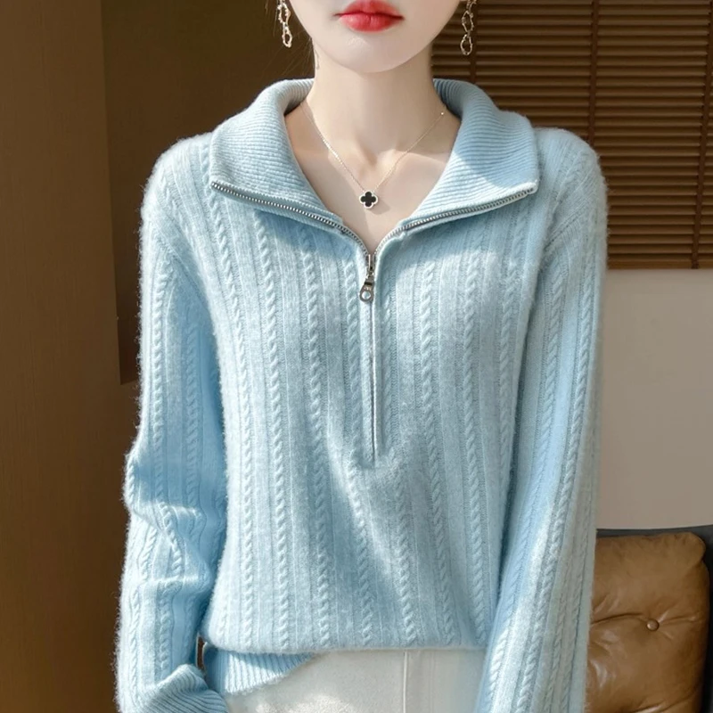100纯羊绒衫女士秋冬新款半拉链宽松加厚羊毛打底衫洋气针织毛衣