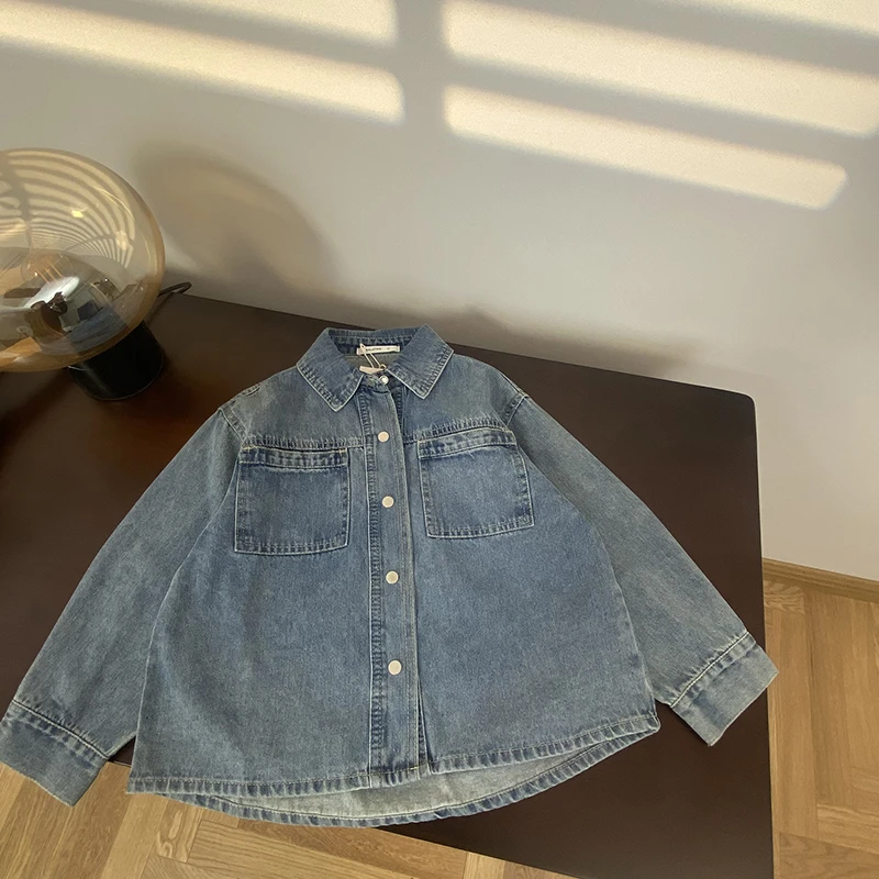 西西家女童牛仔衬衫韩版儿童童简约百搭长袖衬衣QB2302