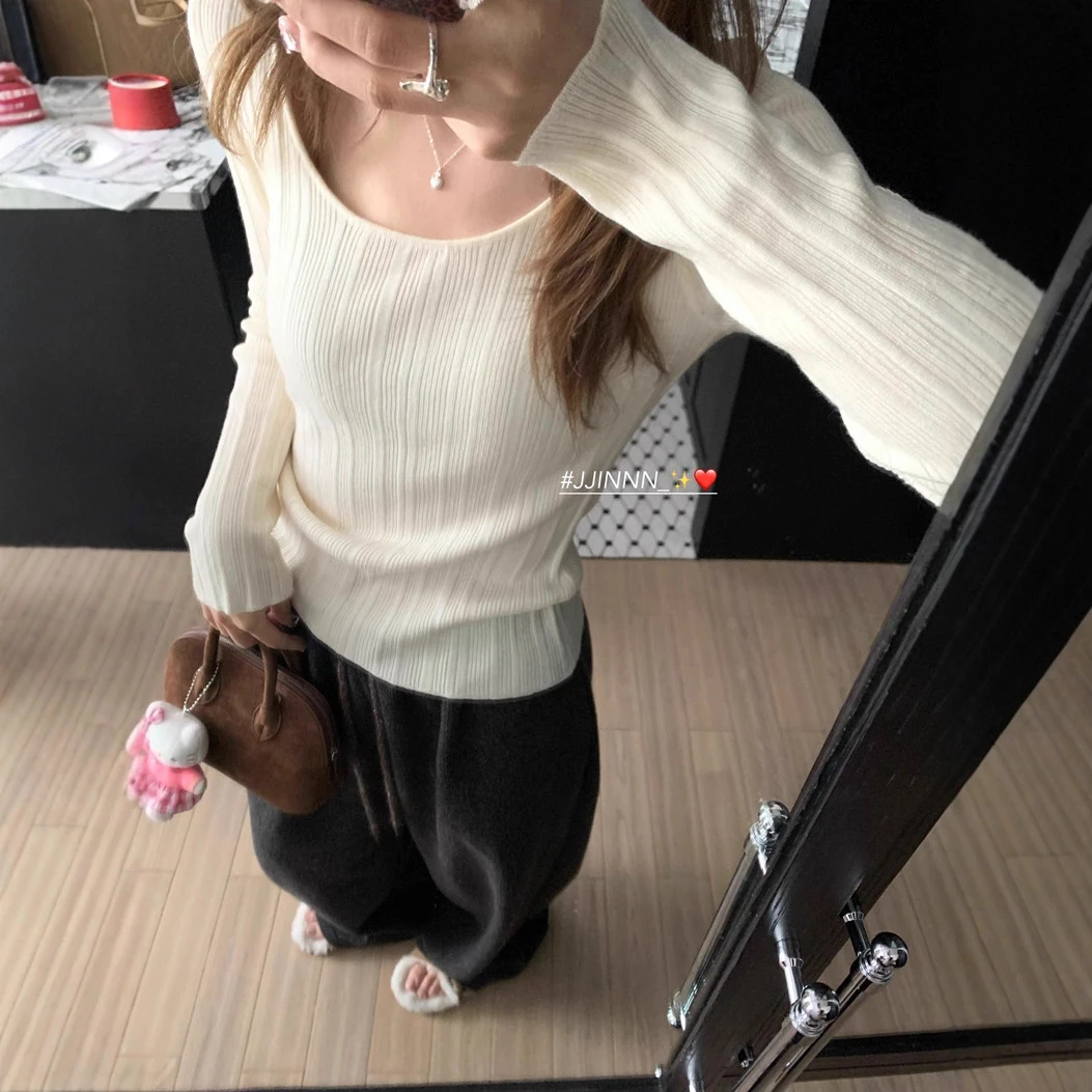 2025设计感辣妹上衣U领大领口针织长袖T恤修身内搭毛衣打底衫