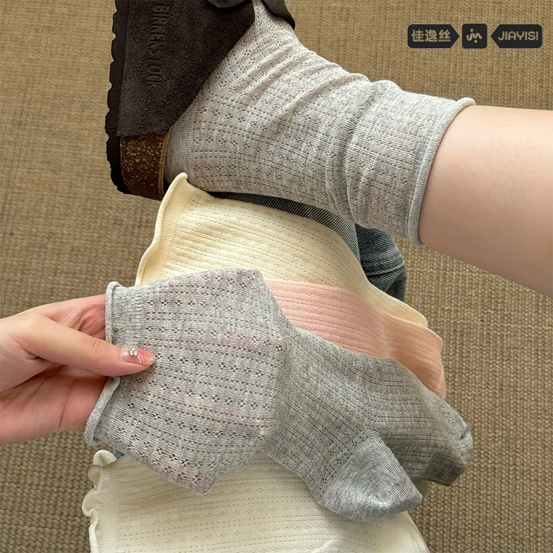 夏秋季薄款公主风镂空防臭中筒袜子女蕾丝花边休闲透气日系堆堆袜