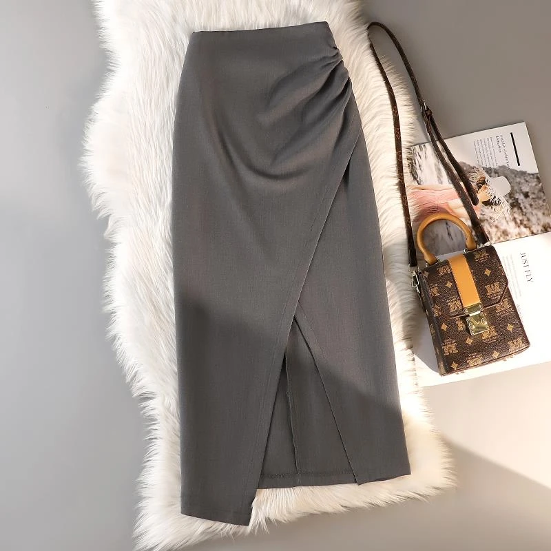 2025灰色不规则西装半身裙女高腰中长款设计感开叉一步包臀裙子潮