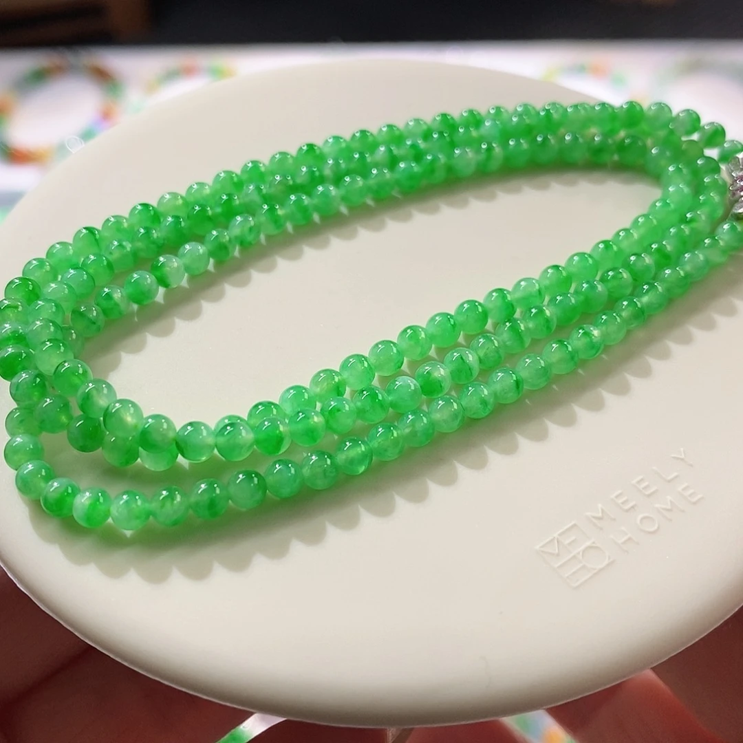 翡翠裸石冰阳绿小米珠项链