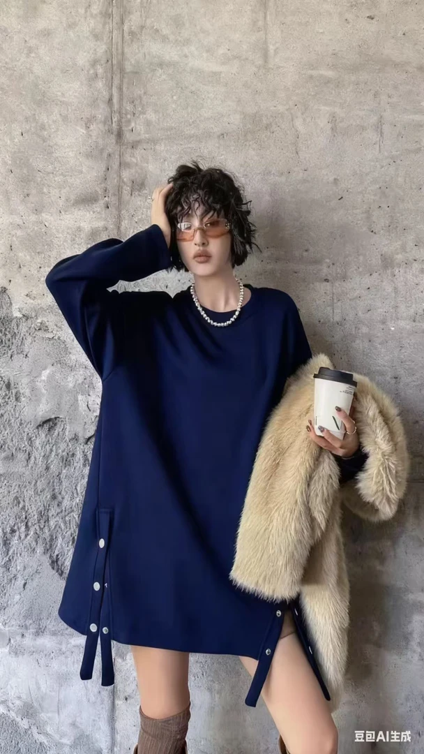 2025韩信宽松慵懒风时尚 百搭扣子飘带设计中长款秋冬打底衫2628