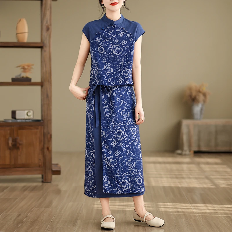 中式连衣裙女夏新款高端国风精致棉麻碎花包臀裙两件套
