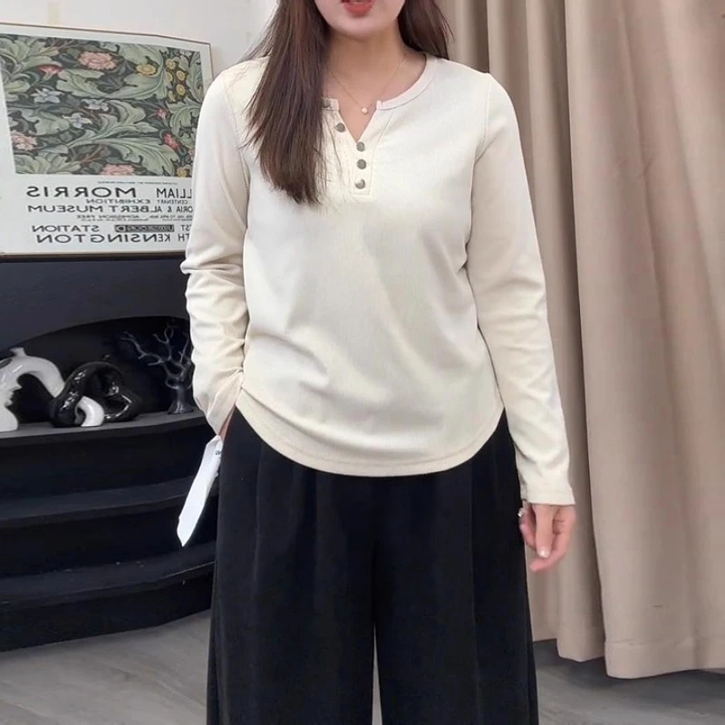高级感半开领长袖打底T恤秋冬新款胖MM大码女装简约小众正肩上衣