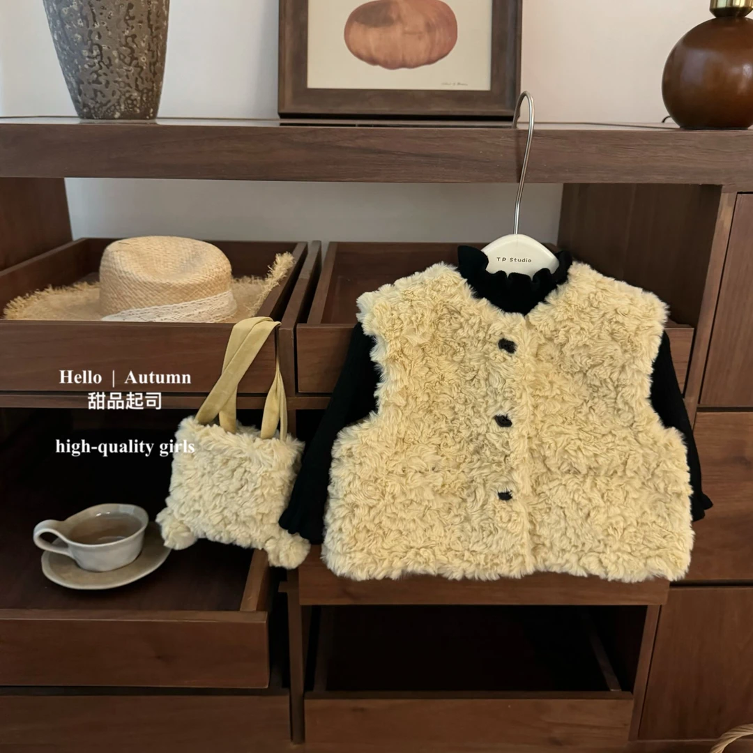 【甜品起司】可爱卷毛！韩国女童马甲秋冬新款加绒洋气时髦毛毛背心