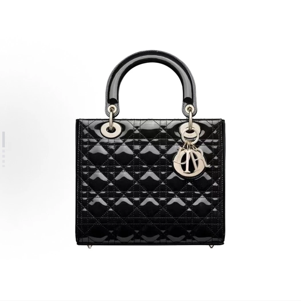 95新 DIOR/迪奥 黑银漆皮五格戴妃/单肩时尚女士包