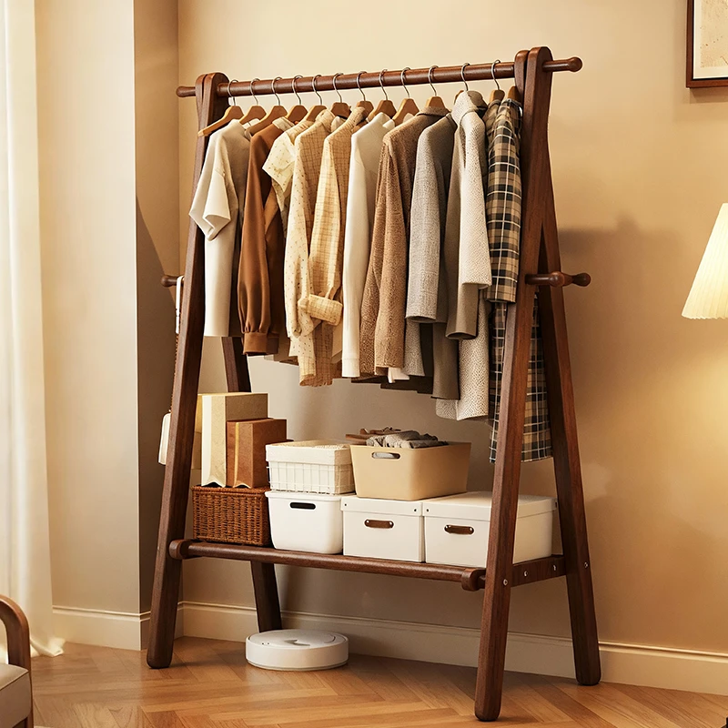 加厚全榉木落地挂衣架子家用卧室衣帽架实木晾衣架收纳简易衣服架