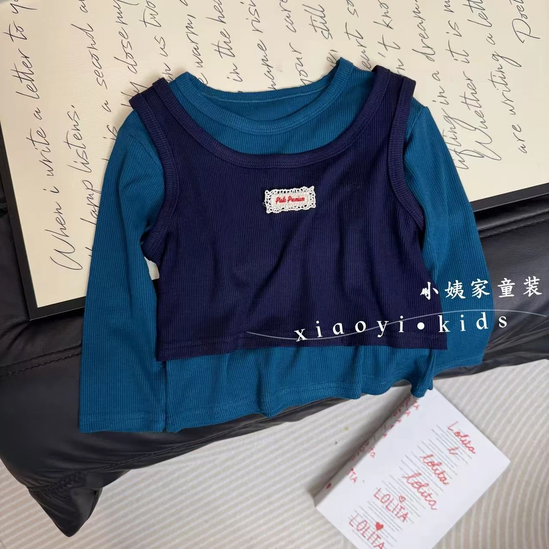 【两件套】秋上新女童长袖t恤背心叠穿设计师款秋装上衣多巴胺马甲