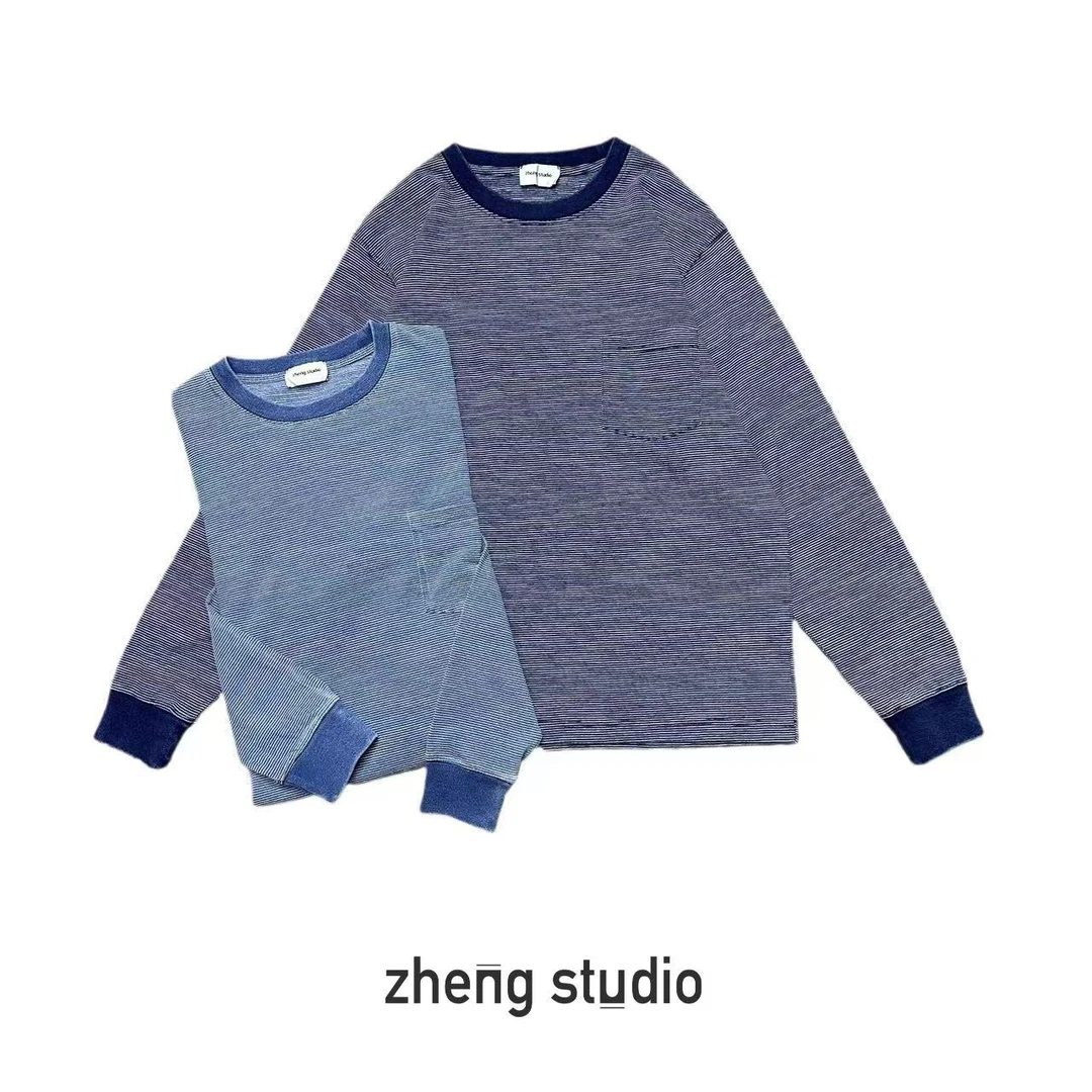 #9764 不规则牛仔丝 条纹T恤