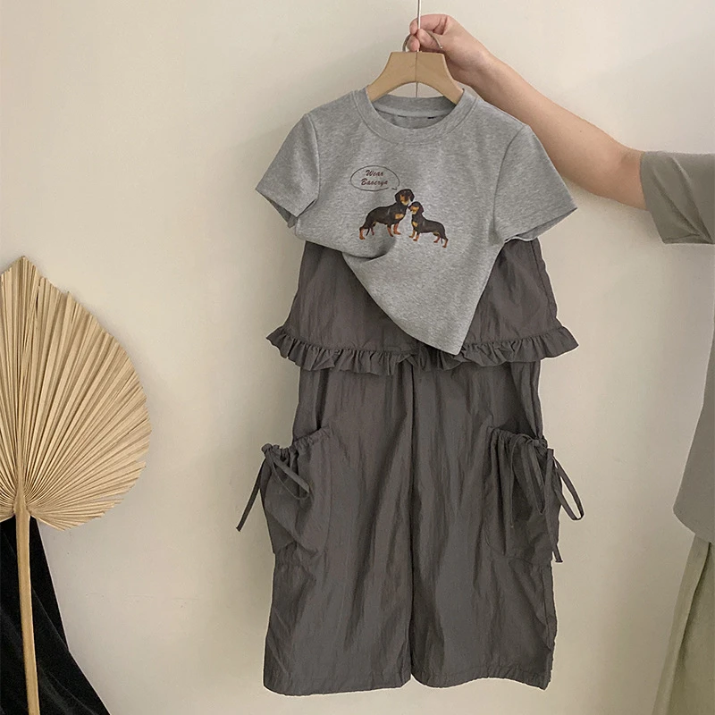 【安安家】女童印花腊肠小狗短袖T恤花边休闲工装裤两件套潮R25302