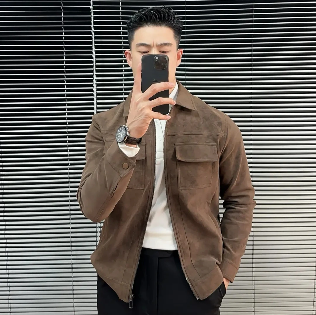 痞帅型男翻领修身型秋季复古夹克修身商务潮流工装皮衣外套男装