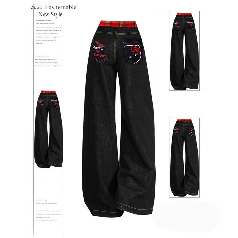 美式甜辣妹kitty刺绣牛仔裤女2025冬季新款设计感显瘦直筒阔腿裤