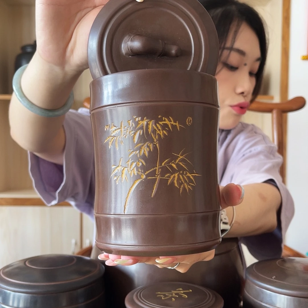 钦州坭兴陶茶叶罐半斤装 仿生竹节