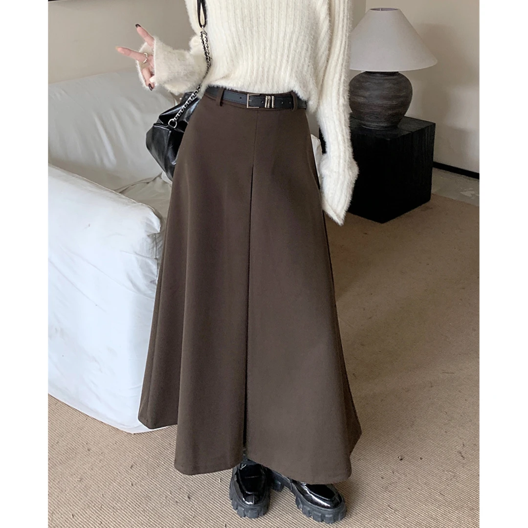 咖啡色美式气质半身裙女秋季2025新款高腰显瘦高级感毛呢a字伞裙