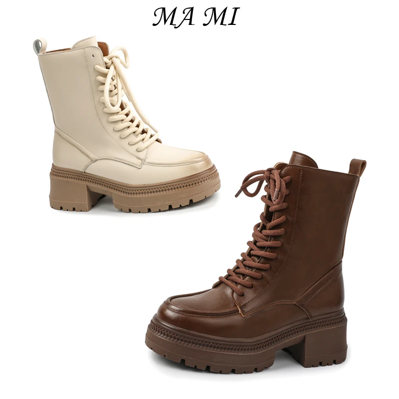 【MAMI】真皮短筒马丁靴英伦风粗跟厚底米白色中筒裸靴秋冬加绒短靴
