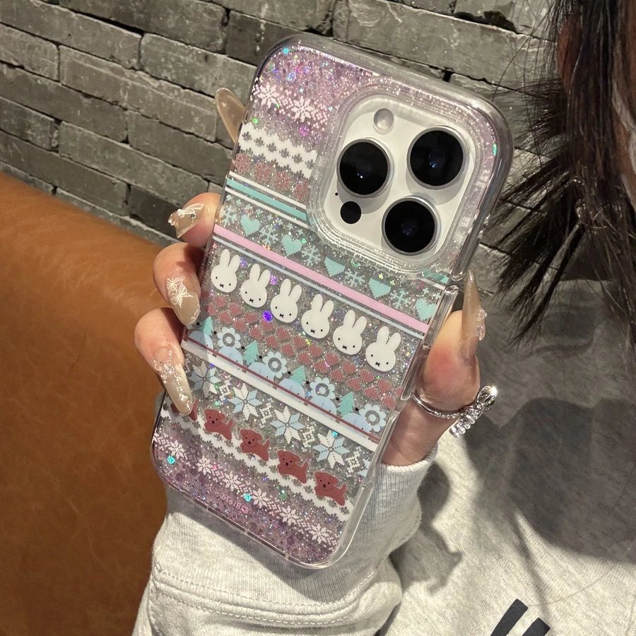 ins韩系闪粉费尔岛爱心兔子适用15promax手机壳iPhone16苹果14/13