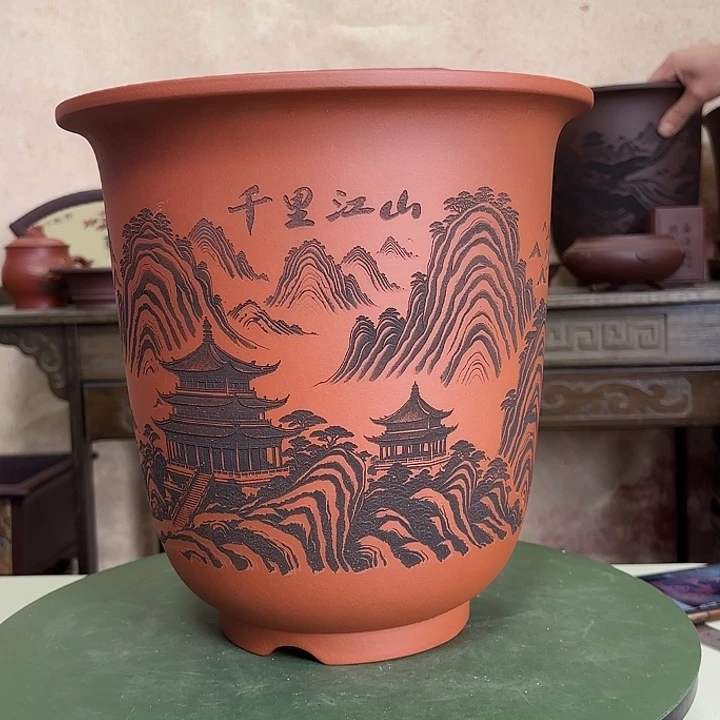 花盆紫砂刻绘山水