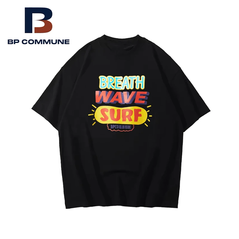 传呼社群bpc特别线  卡通冲浪标语印花款廓形落肩多巴胺穿搭T恤
