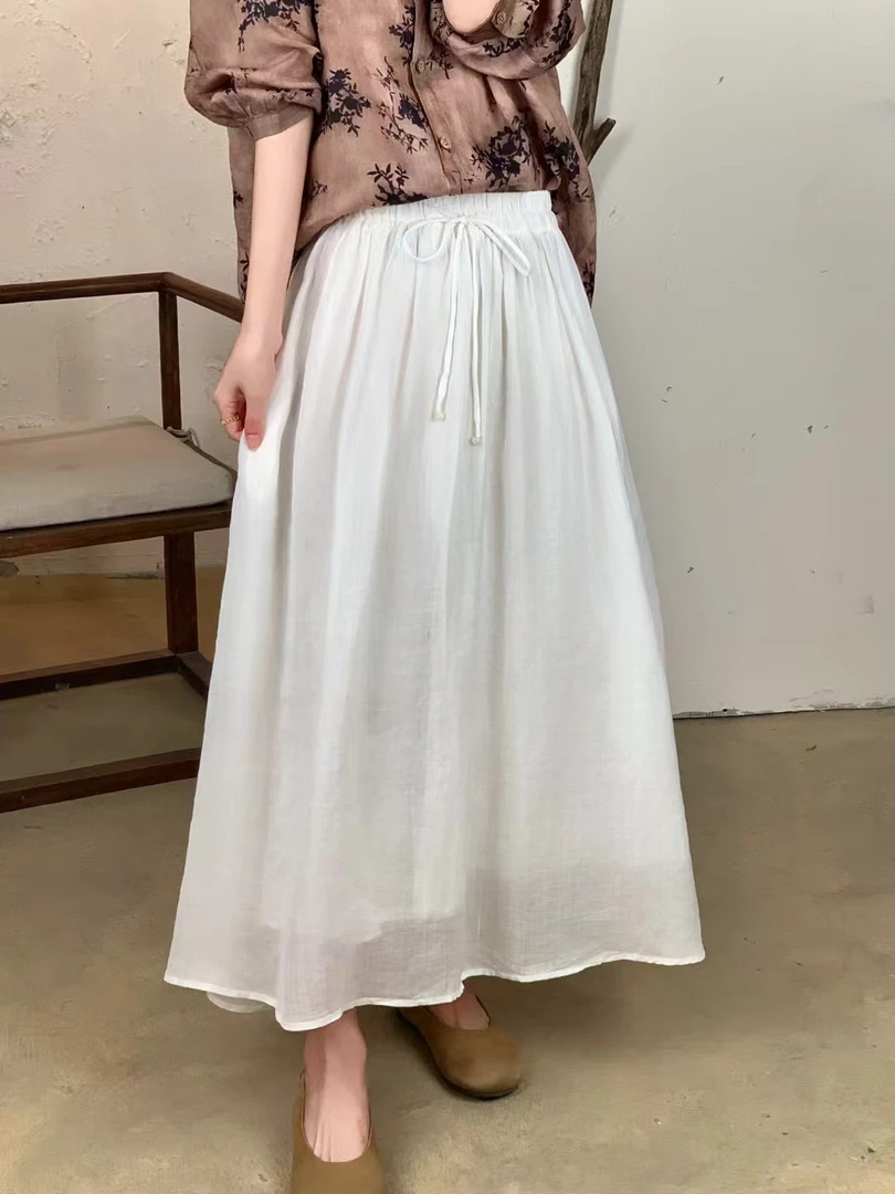 文艺休闲纯色苎麻半身裙女25夏季抽褶松紧腰气质大摆长裙