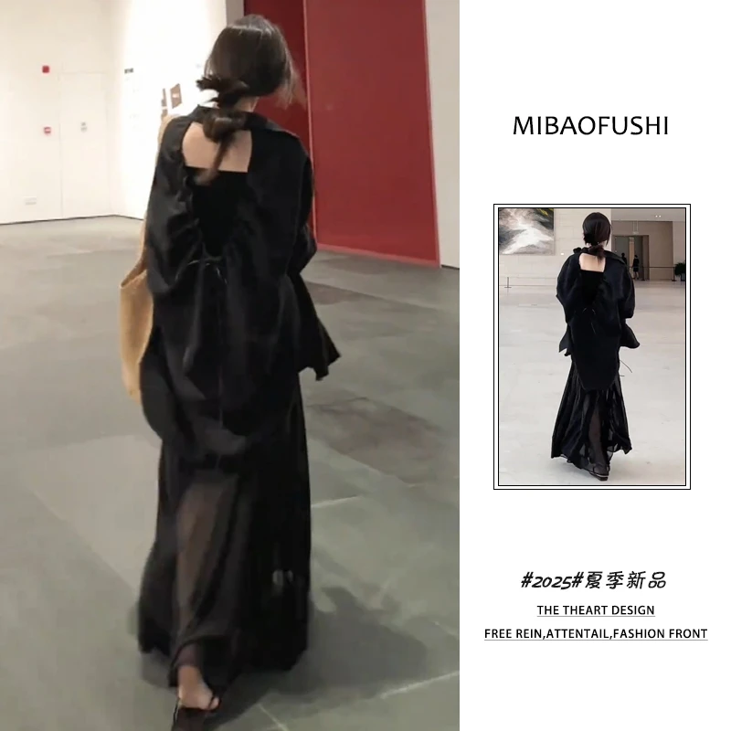 夏季穿搭一整套女装2025年新款韩系时尚露背抽绳衬衫吊带裙两件套