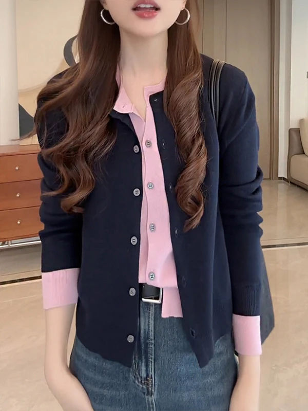 撞色拼接假两件长袖针织衫女2025年秋季新款韩系休闲显瘦百搭上衣