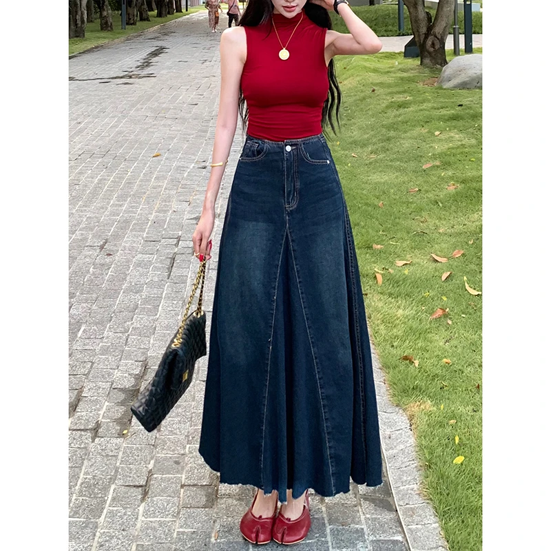 新款深色复古A字牛仔半身裙女2025秋季新款高腰显瘦百搭鱼尾长裙