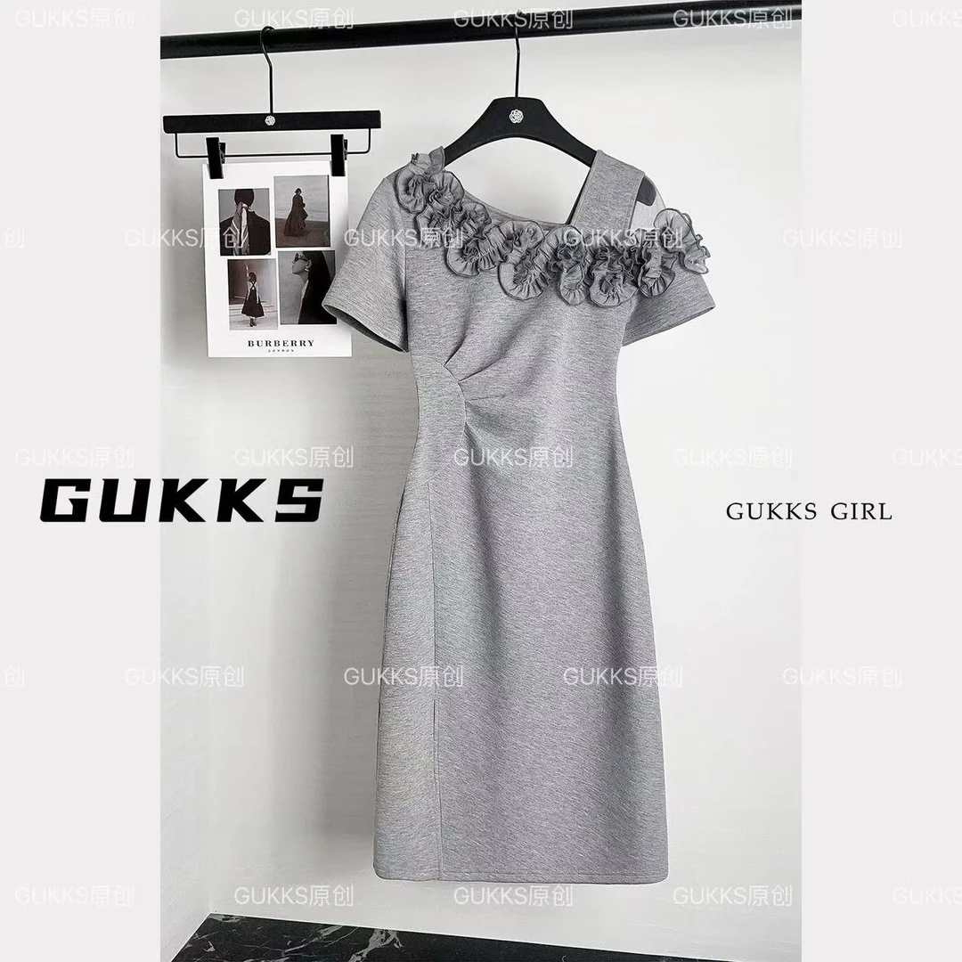 GUKKS新款蝴蝶结拼接连衣裙子女法式气质高级感长裙GK532