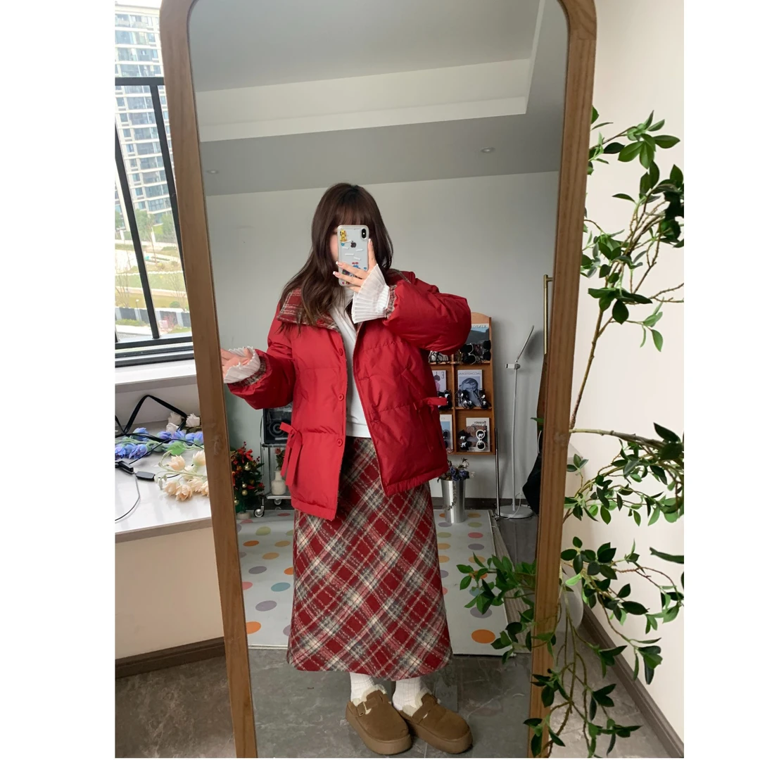 【鱼白专属】【冬日氛围】甜美格子半身裙/正反两穿短款棉服YF 3025