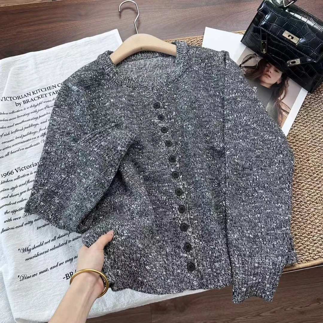 花纱外套！！港风气质~小圆扣开衫 宽螺纹下摆#针织衫Y8882