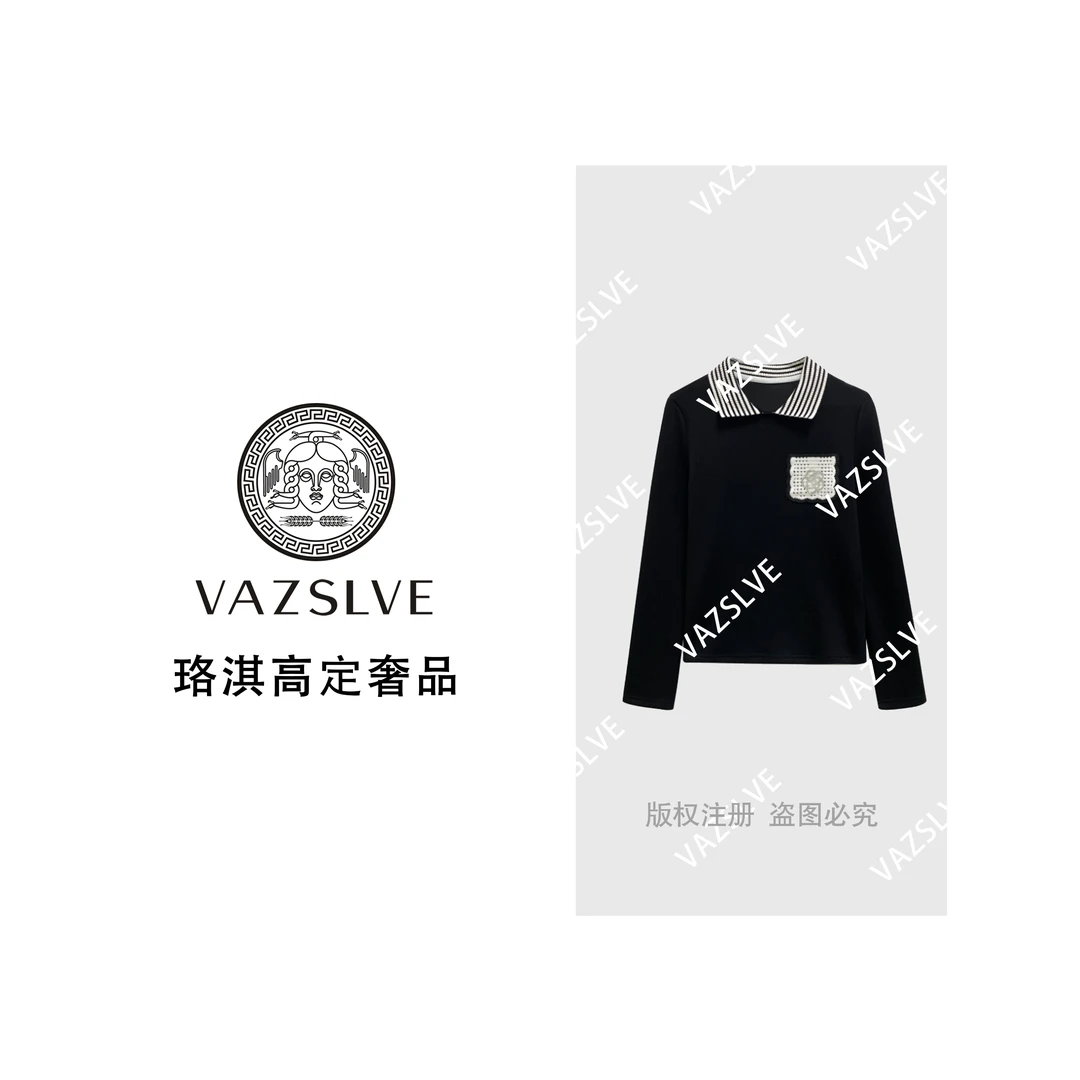 【VASLVE/珞淇高定】68133#条纹拼接T恤2025百搭小香风气质上衣