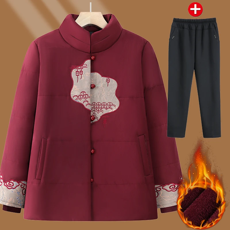 中老年女装冬季加绒加厚棉衣奶奶装中国风妈妈保暖外套