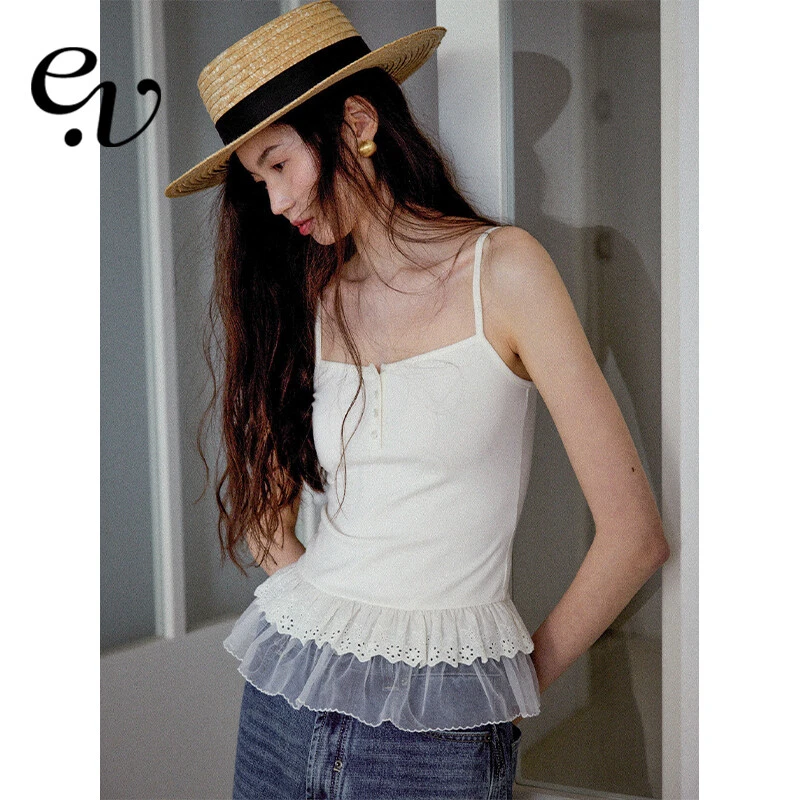 EvenVintage·方形领口双层撞布抽褶拼接百搭25夏季新款针织