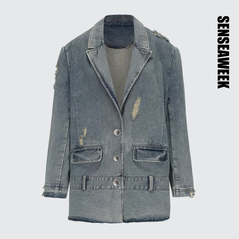 SENSEAWEEK25春夏新品复古宽松酷飒外套破洞水洗做旧质感牛仔西装