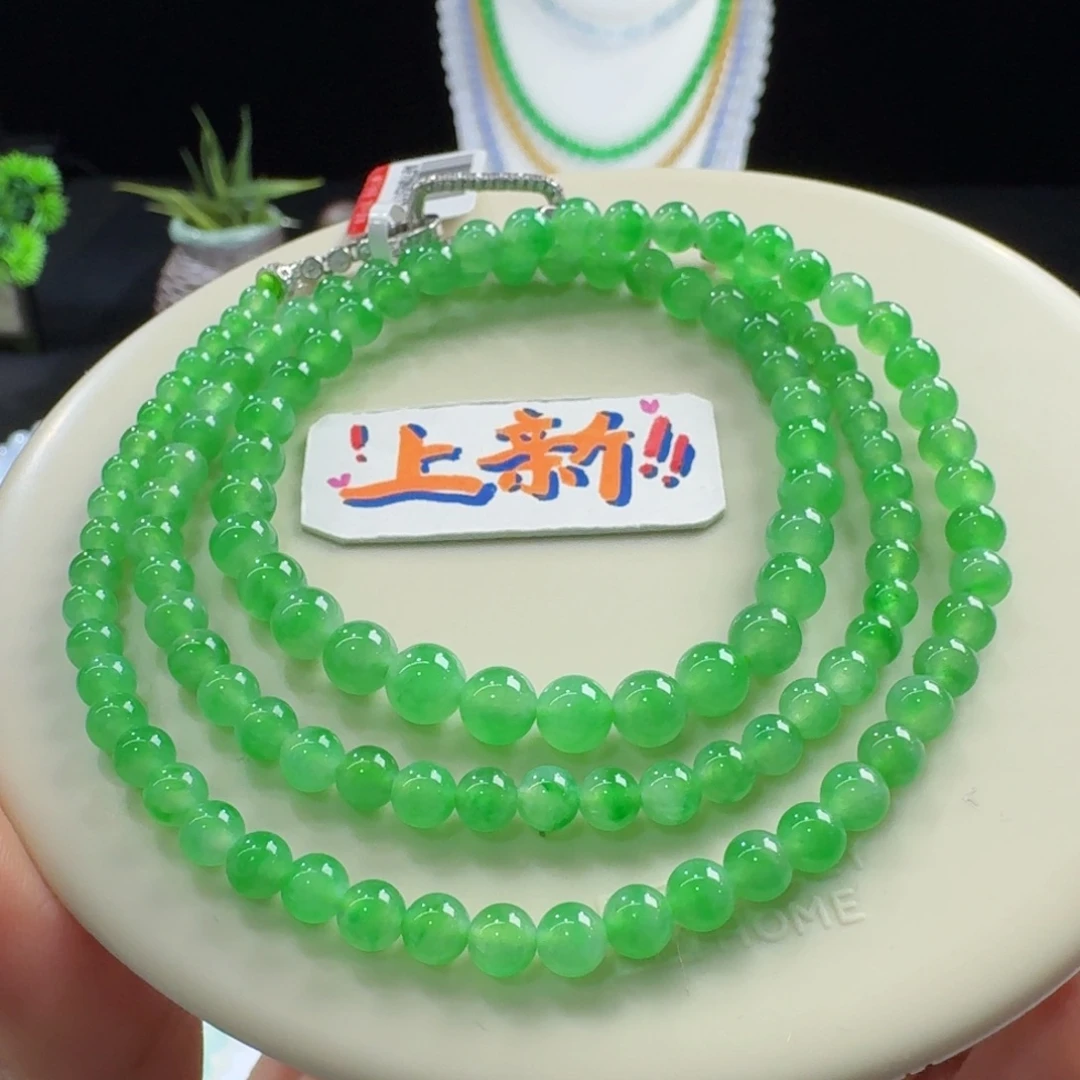 翡翠未镶嵌手链炸光高冰木纳飘艳绿长串4-6.2mm