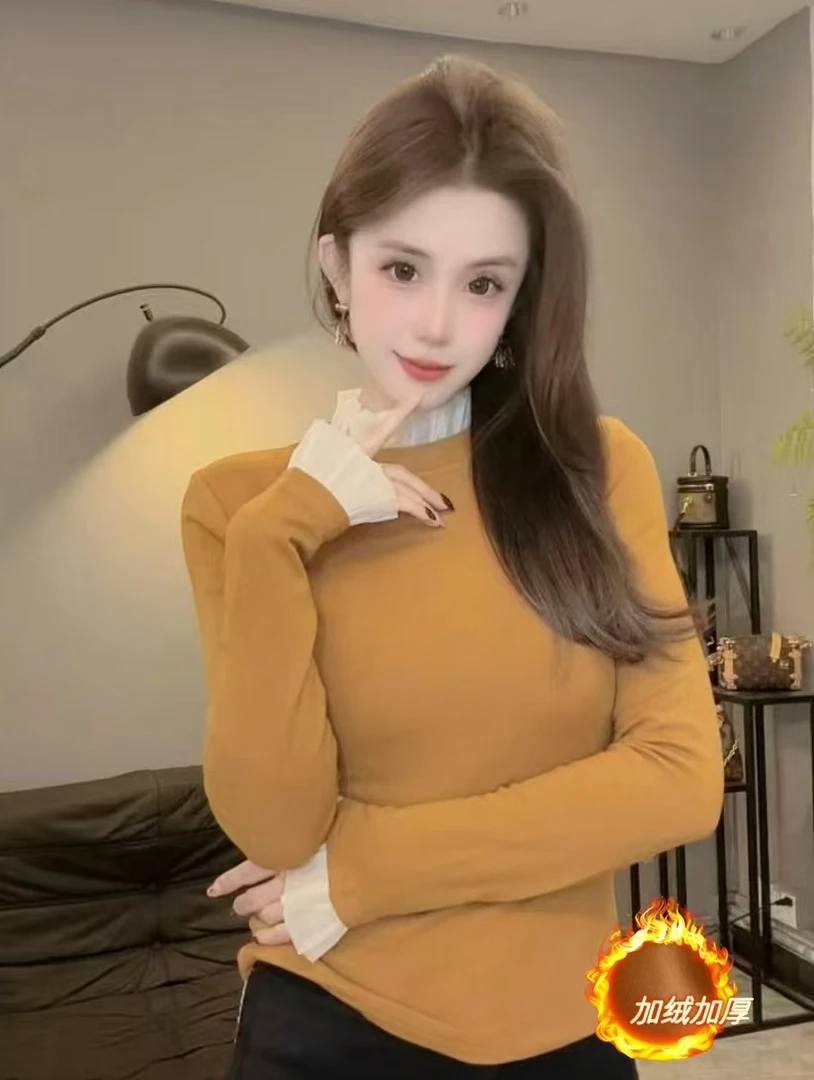2025秋冬韩版时尚网红保暖拼接加绒修身半高领打底长袖女百搭W525