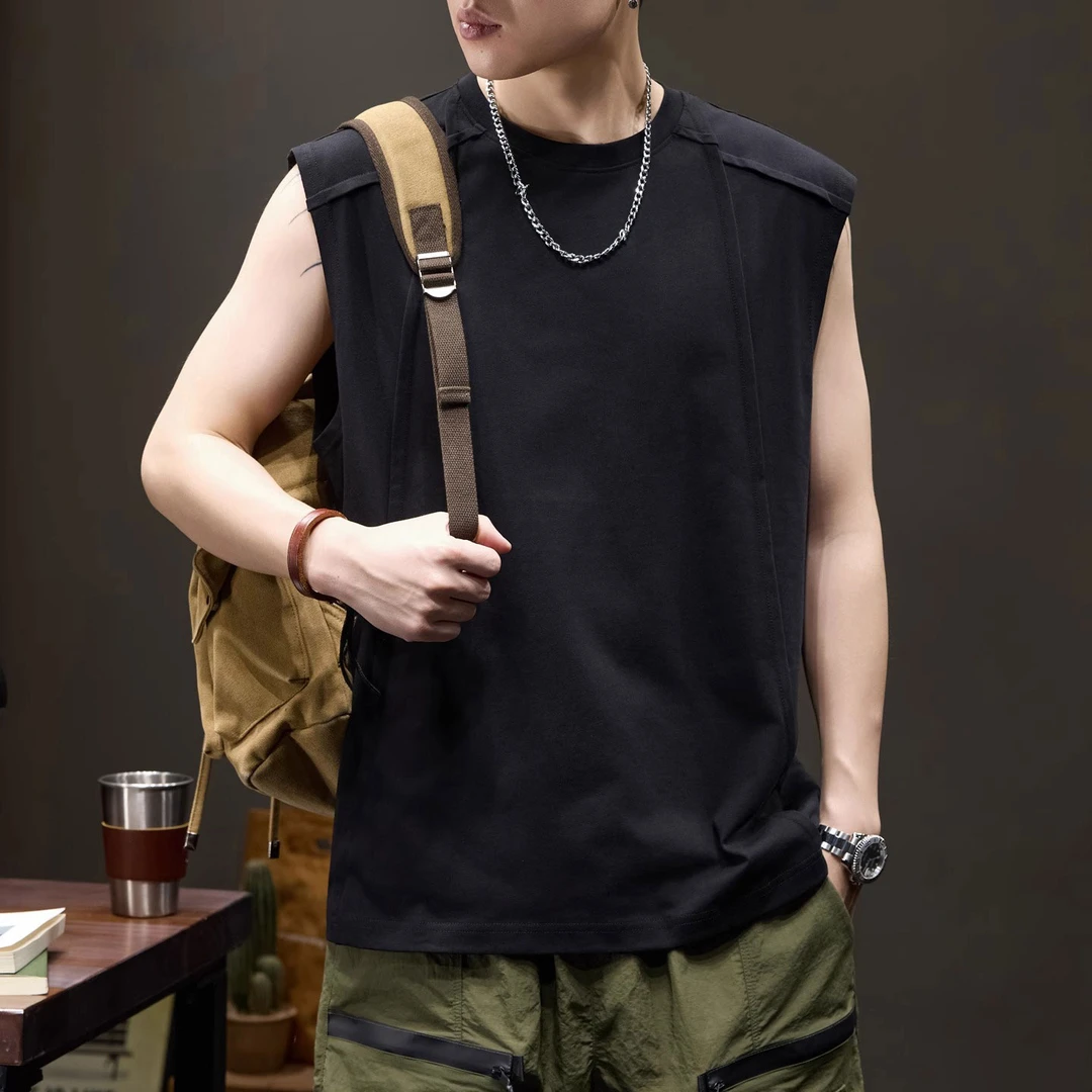 设计感拼接无袖背心T恤男夏季宽松潮牌280G重磅休闲纯色运动坎肩
