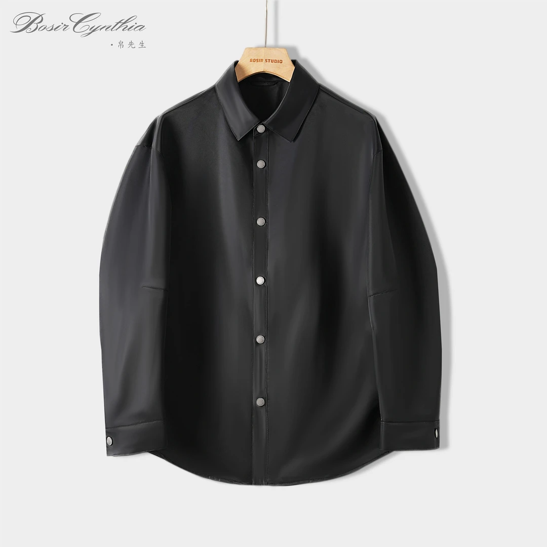 春季新品 定制蚕丝里布拼皮休闲宽松衬衫式翻领夹克YSJ857531