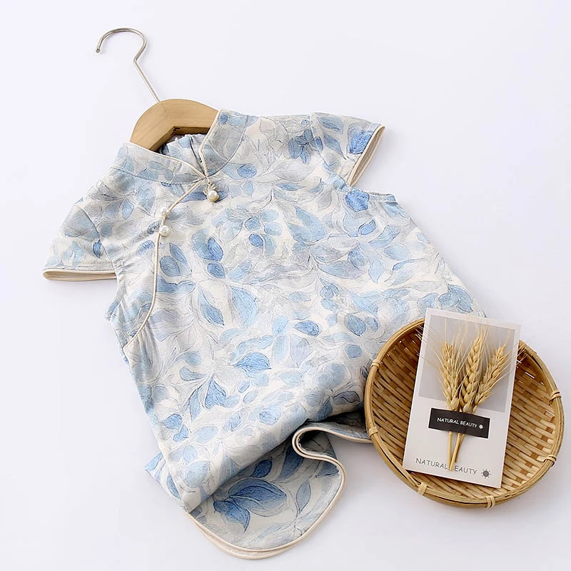 亲子装高品质儿童旗袍裙蓝色提花花纹薄款旗袍裙子洋气小女孩山系