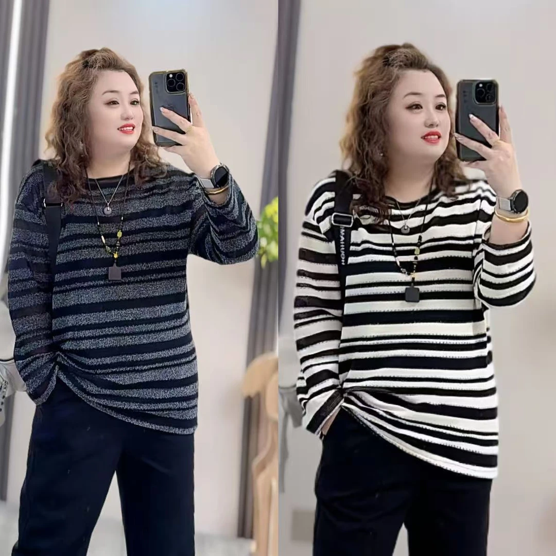 3710（丹姐家）秋季韩版加肥加大码条纹长袖中长款T恤宽松遮肉款