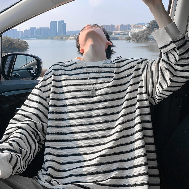 潮流百搭条纹T恤男女同款宽松大码长袖体恤秋季美式复古圆领卫衣