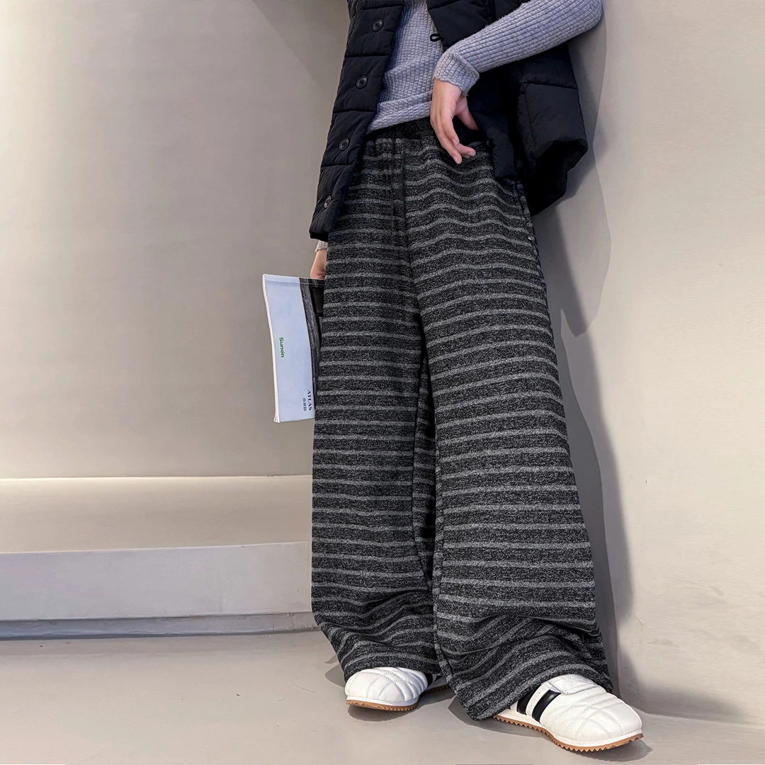 男童条纹加绒休闲裤2025年秋冬新款条纹软糯风垂感中大童阔腿裤