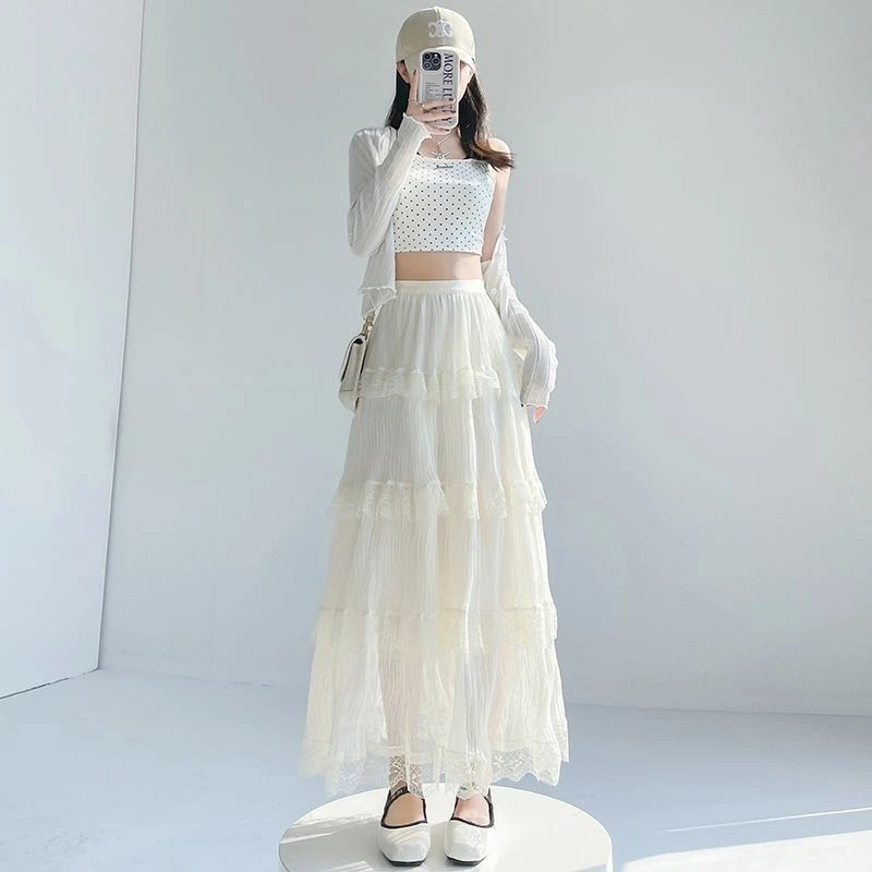 蕾丝白色拼接裙女蛋糕半身裙2025新款温柔显瘦高腰长裙百褶裙子