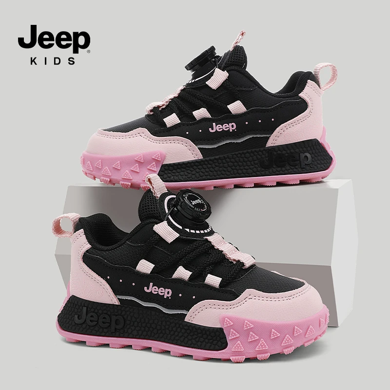 jeep秋冬轻便儿童运动鞋女童跑步鞋皮面防滑旋转扣男童户外登山鞋